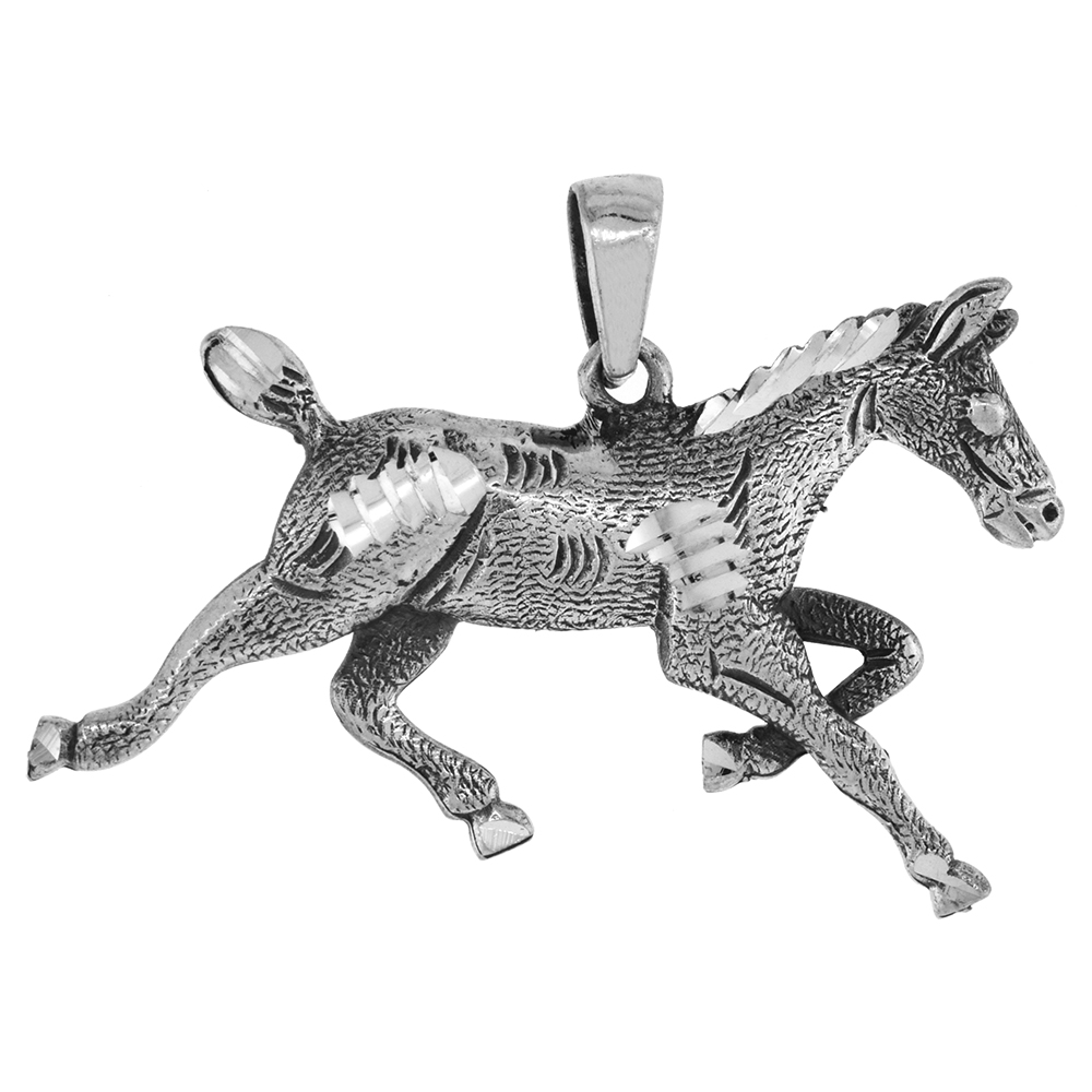 SMALL 1 INCH STERLING SILVER GALLOPING HORSE PENDANT FOR MEN AND WOMEN DIAMOND-CUT OXIDIZED FINISH NO CHAIN