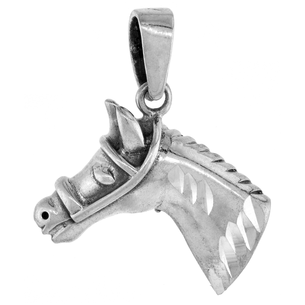 SMALL 3/4 INCH STERLING SILVER HORSE HEAD PENDANT FOR MEN AND WOMEN DIAMOND-CUT OXIDIZED FINISH NO CHAIN
