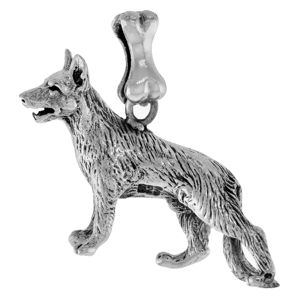 Sterling Silver German Shepherd Dog Pendant 3-D full Body