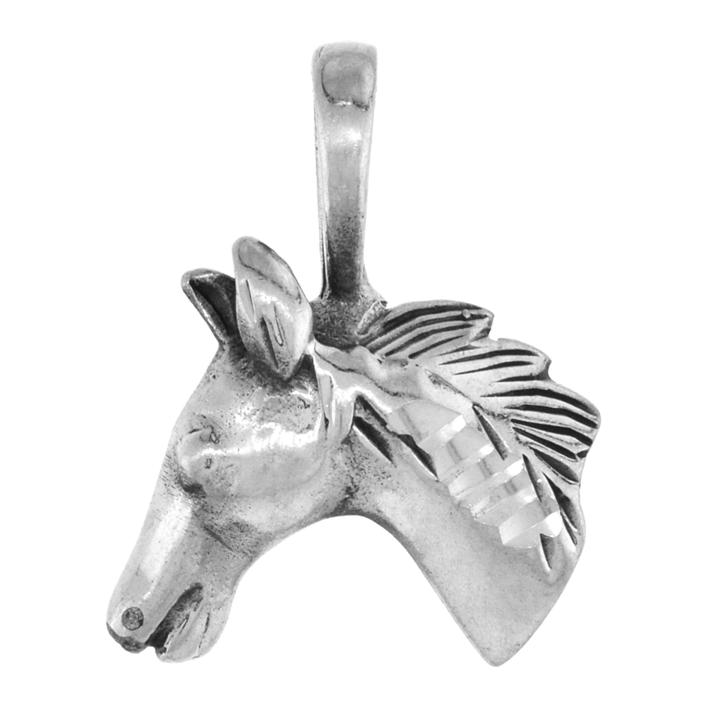 SMALL 7/8 INCH STERLING SILVER HORSE HEAD PENDANT FOR MEN AND WOMEN DIAMOND-CUT OXIDIZED FINISH NO CHAIN
