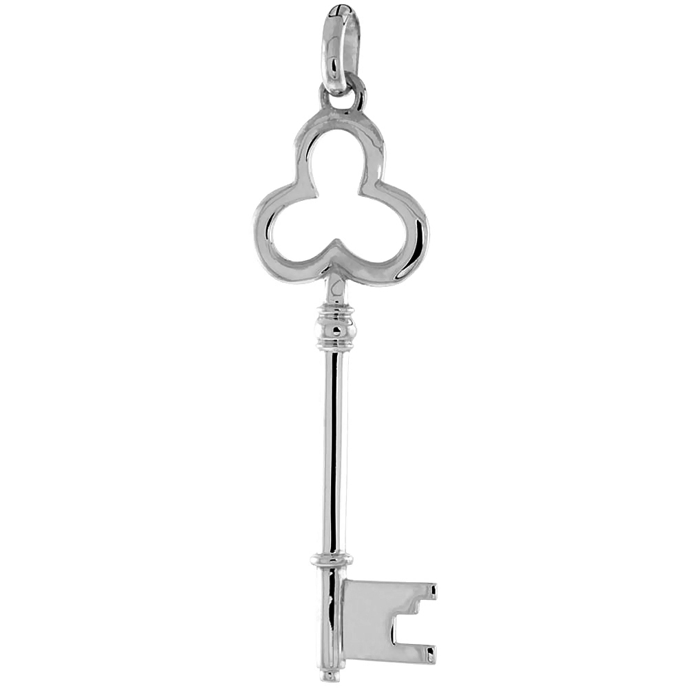 STERLING SILVER VINTAGE DESIGN SKELETON KEY PENDANT CLOVER TREFOIL BOW FLAWLESS POLISHED FINISH 2 1/16 INCH TALL NO CHAIN