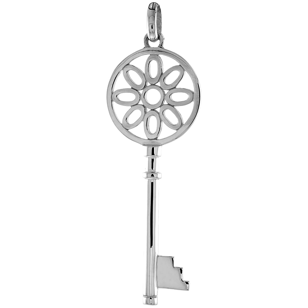 STERLING SILVER VINTAGE DESIGN SKELETON KEY PENDANT 8-SPOKED DHARMACHAKRA BOW FLAWLESS POLISHED FINISH 2 1/8 INCH TALL NO CHAIN