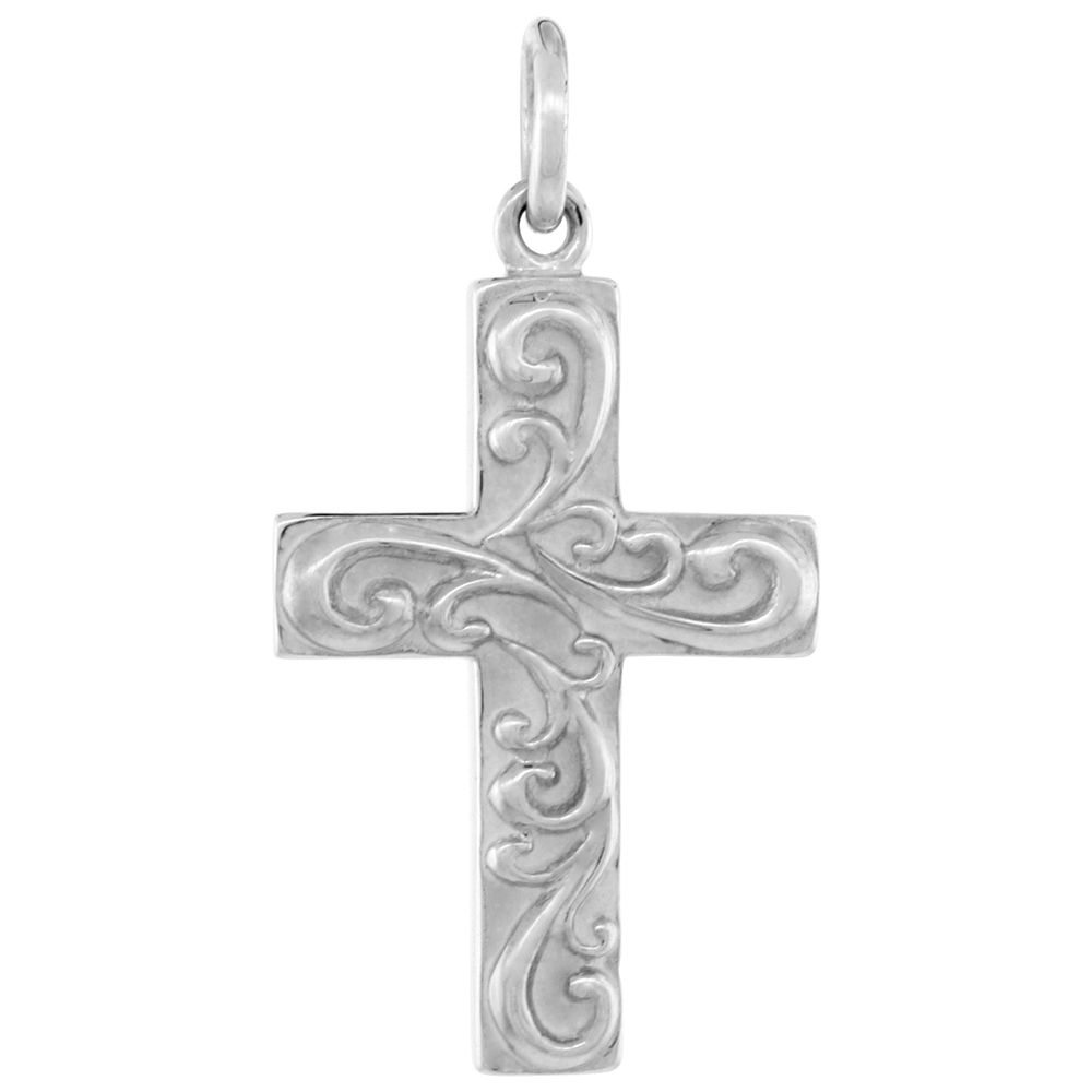 SMALL STERLING SILVER FLORAL RELIEF CROSS PENDANT FOR WOMEN FLAWLESS POLISHED FINISH 1 INCH NO CHAIN