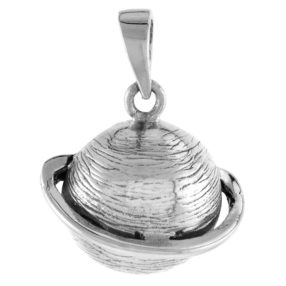 STERLING SILVER PLANET SATURN PENDANT FOR WOMEN OXIDIZED ANTIQUE FINISH 3/4 INCH TALL NO CHAIN