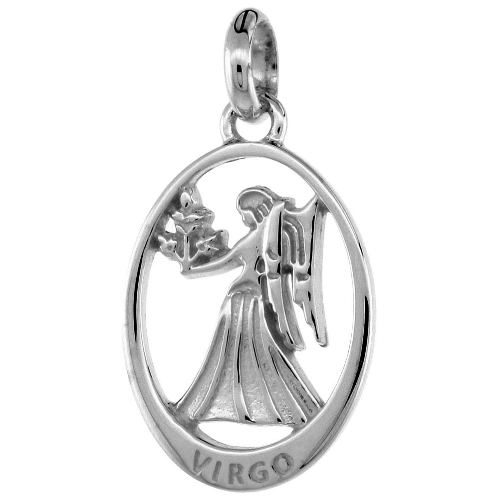 SMALL OVAL STERLING SILVER ZODIAC SIGN VIRGO PENDANT FOR WOMEN FLAWLESS POLISHED FINISH 3/4 INCH TALL NO CHAIN