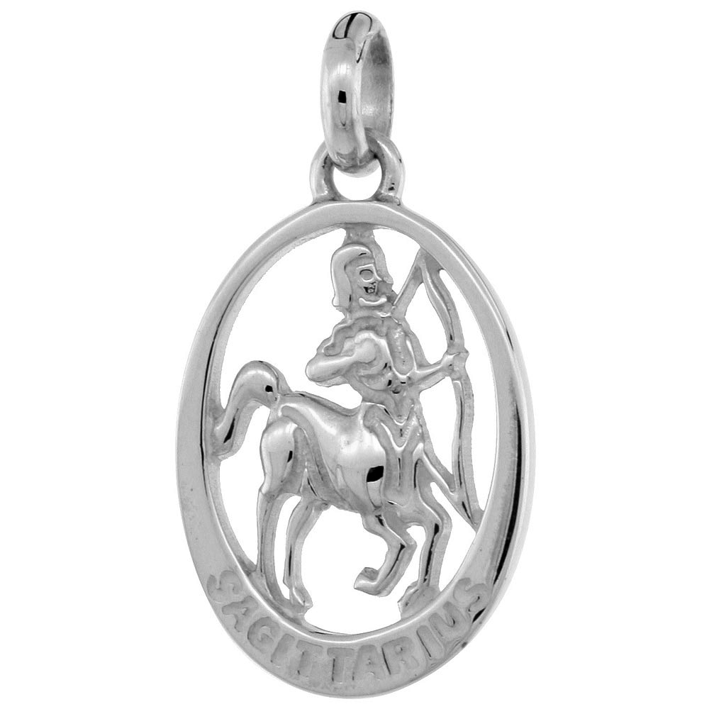 SMALL OVAL STERLING SILVER ZODIAC SIGN SAGITTARIUS PENDANT WOMEN FLAWLESS FINISH 3/4 INCH TALL NO CHAIN