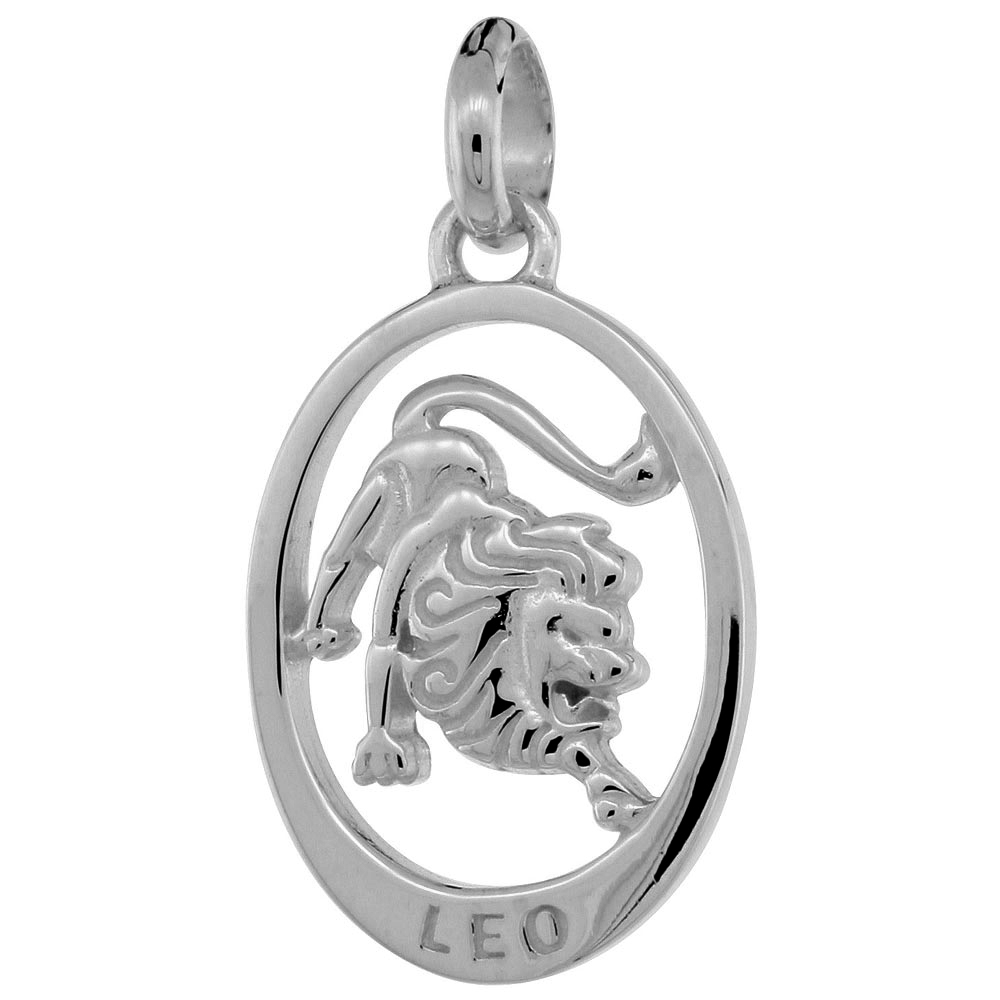 SMALL OVAL STERLING SILVER ZODIAC SIGN LEO PENDANT FOR WOMEN FLAWLESS POLISHED FINISH 3/4 INCH TALL NO CHAIN