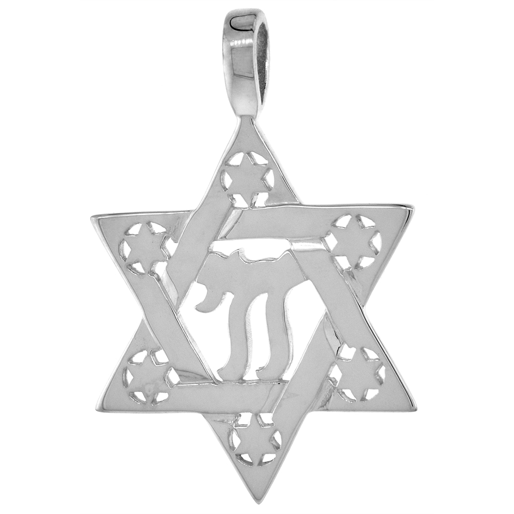 SMALL 7/8 INCH STERLING SILVER JEWISH STAR OF DAVID PENDANT WITH CHAI CENTER MEN FLAWLESS FINISH 1 INCH NO CHAIN (NO CHAIN)