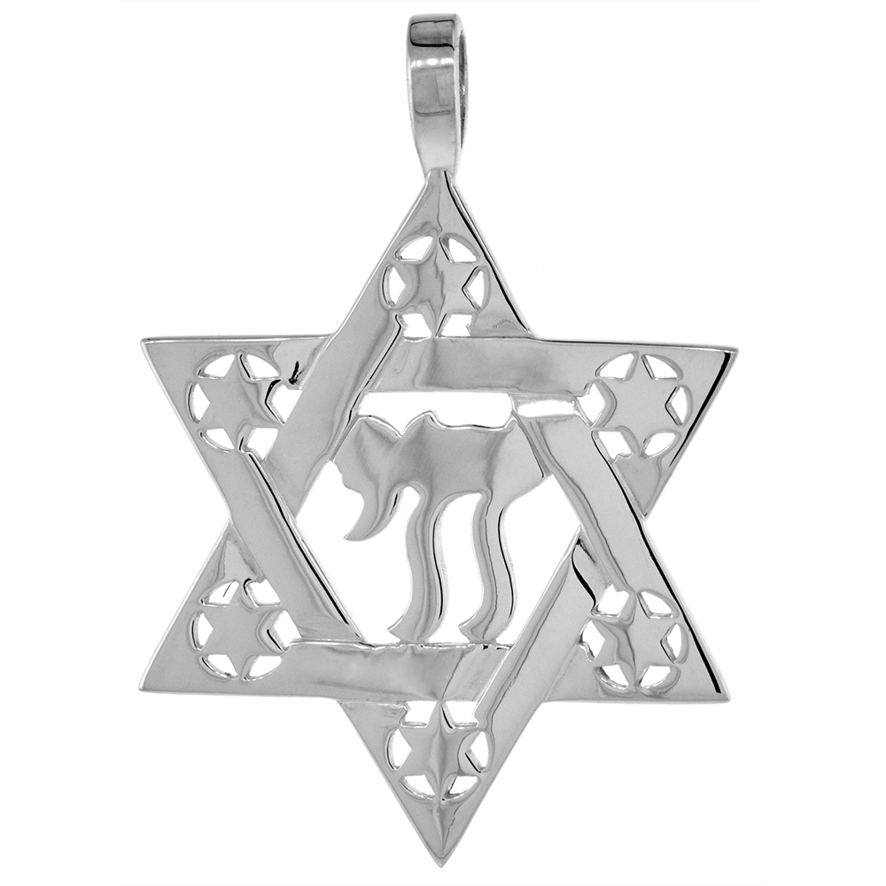 LARGE 1 1/8 INCH STERLING SILVER JEWISH STAR OF DAVID PENDANT FOR MEN WITH CHAI CENTER FLAWLESS FINISH NO CHAIN