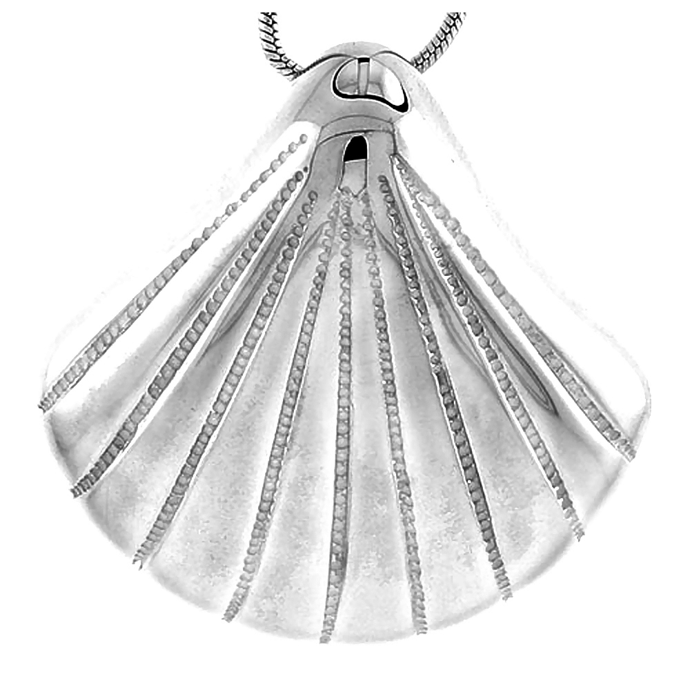 STERLING SILVER CLAMSHELL PENDANT FOR WOMEN FLAWLESS POLISHED FINISH 1 1/8 INCH TALL NO CHAIN