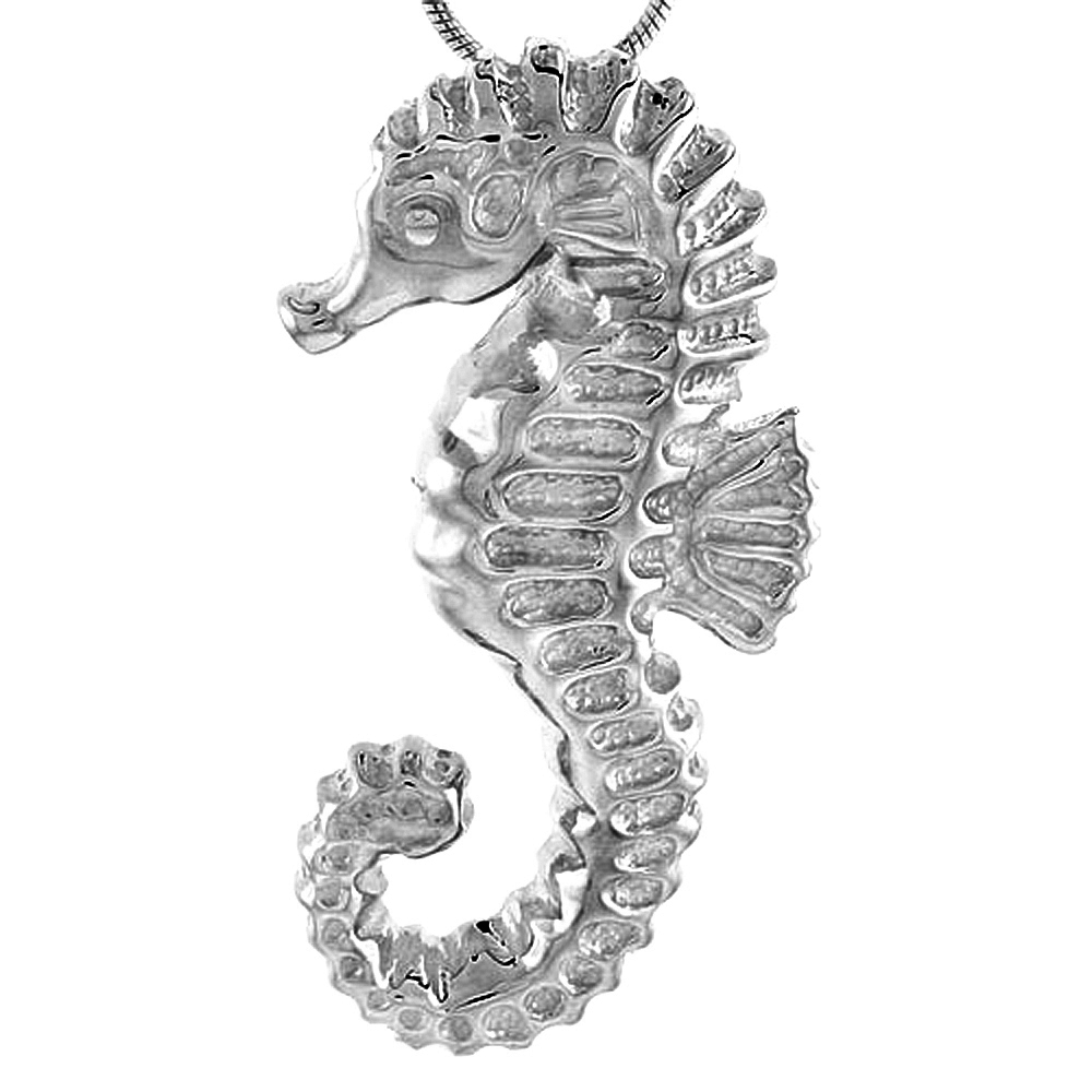 LARGE STERLING SILVER SEAHORSE PENDANT FOR WOMEN FLAWLESS POLISHED FINISH 1 1/2 INCH TALL NO CHAIN