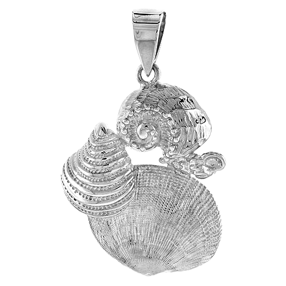 STERLING SILVER CLAMSHELLS & SNAIL NECKLACE FOR WOMEN FLAWLESS POLISHED FINISH 1 3/16 INCH TALL NO CHAIN