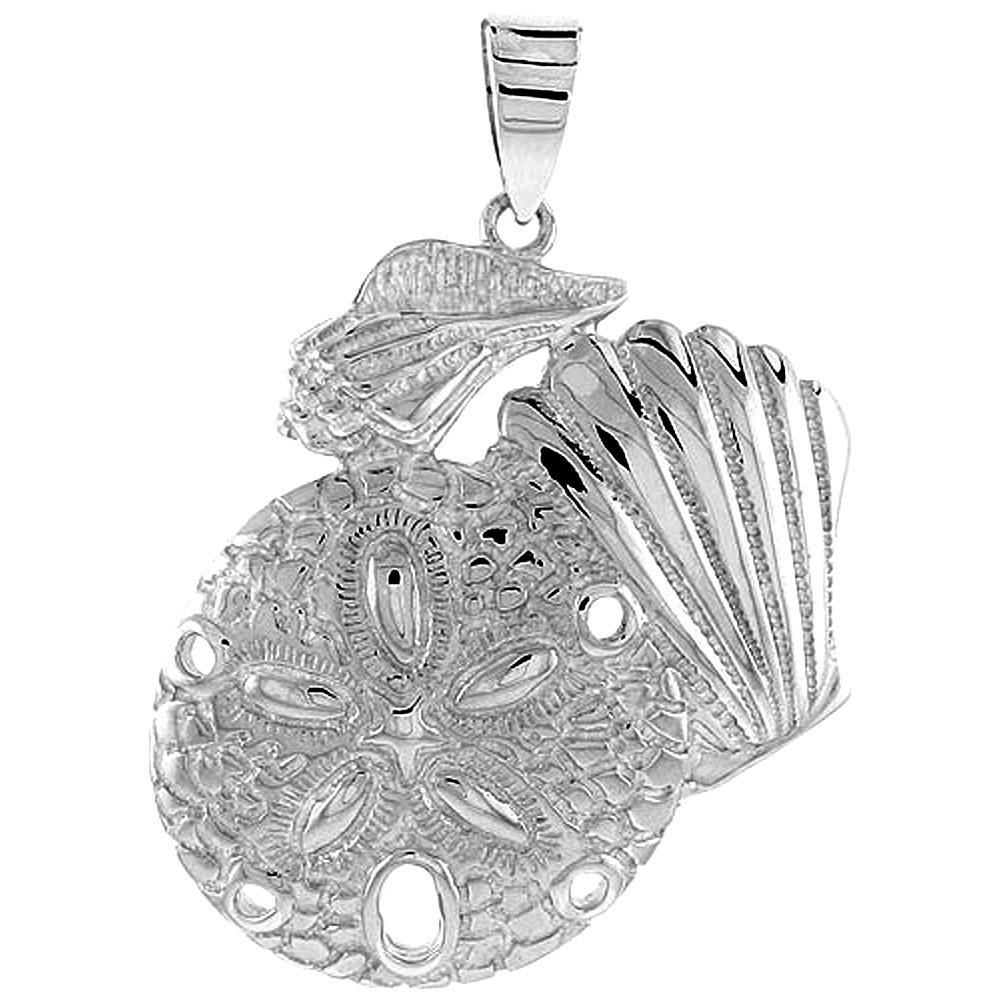 LARGE STERLING SILVER SAND DOLLAR & SNAIL SEASHELLS PENDANT WOMEN FLAWLESS FINISH 1 1/2 INCH TALL NO CHAIN