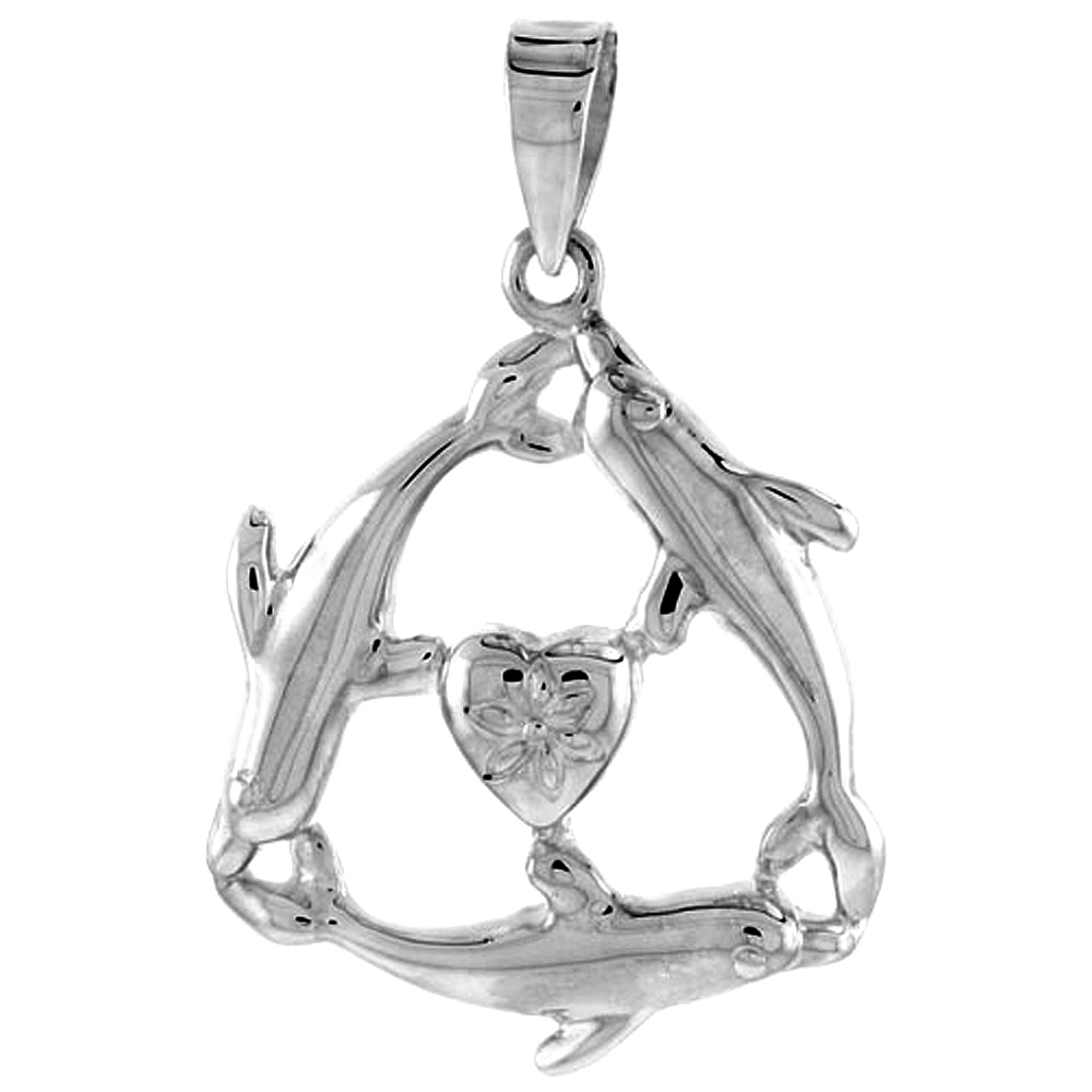 STERLING SILVER HEART & 3 DOLPHINS PENDANT FOR WOMEN FLAWLESS POLISHED FINISH 1 1/8 INCH TALL NO CHAIN
