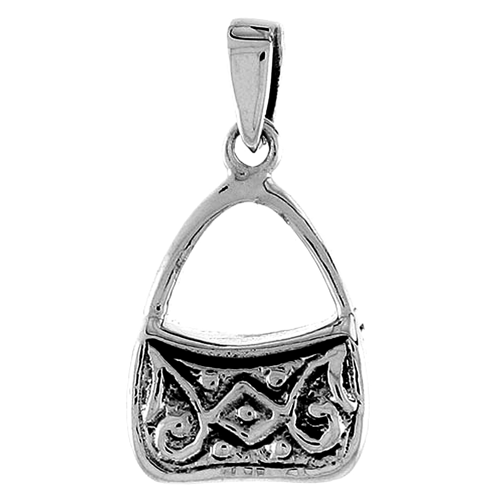 STERLING SILVER SCROLL DESIGN LADY'S PURSE PENDANT FOR WOMEN OXIDIZED ANTIQUE FINISH 3/4 INCH TALL NO CHAIN