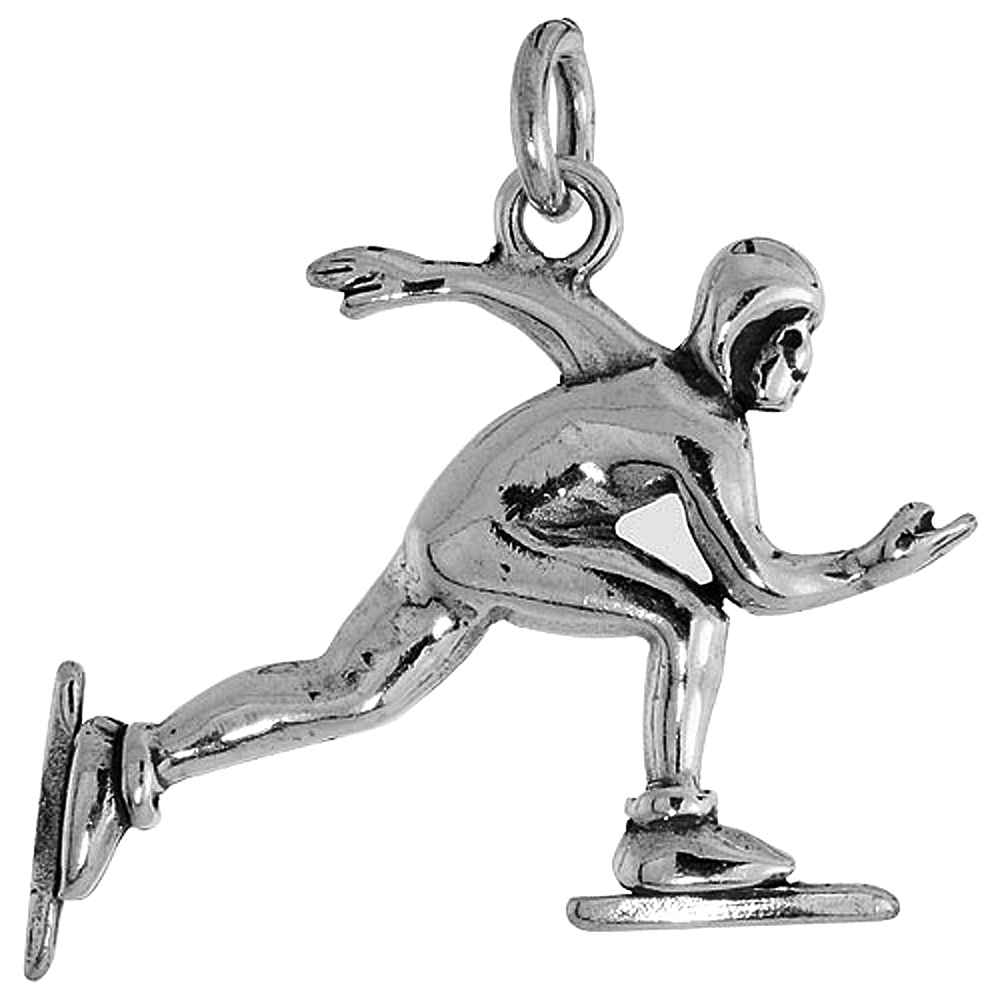 STERLING SILVER MALE ICE SPEED SKATER PENDANT FOR WOMEN OXIDIZED ANTIQUE FINISH 1 INCH TALL NO CHAIN
