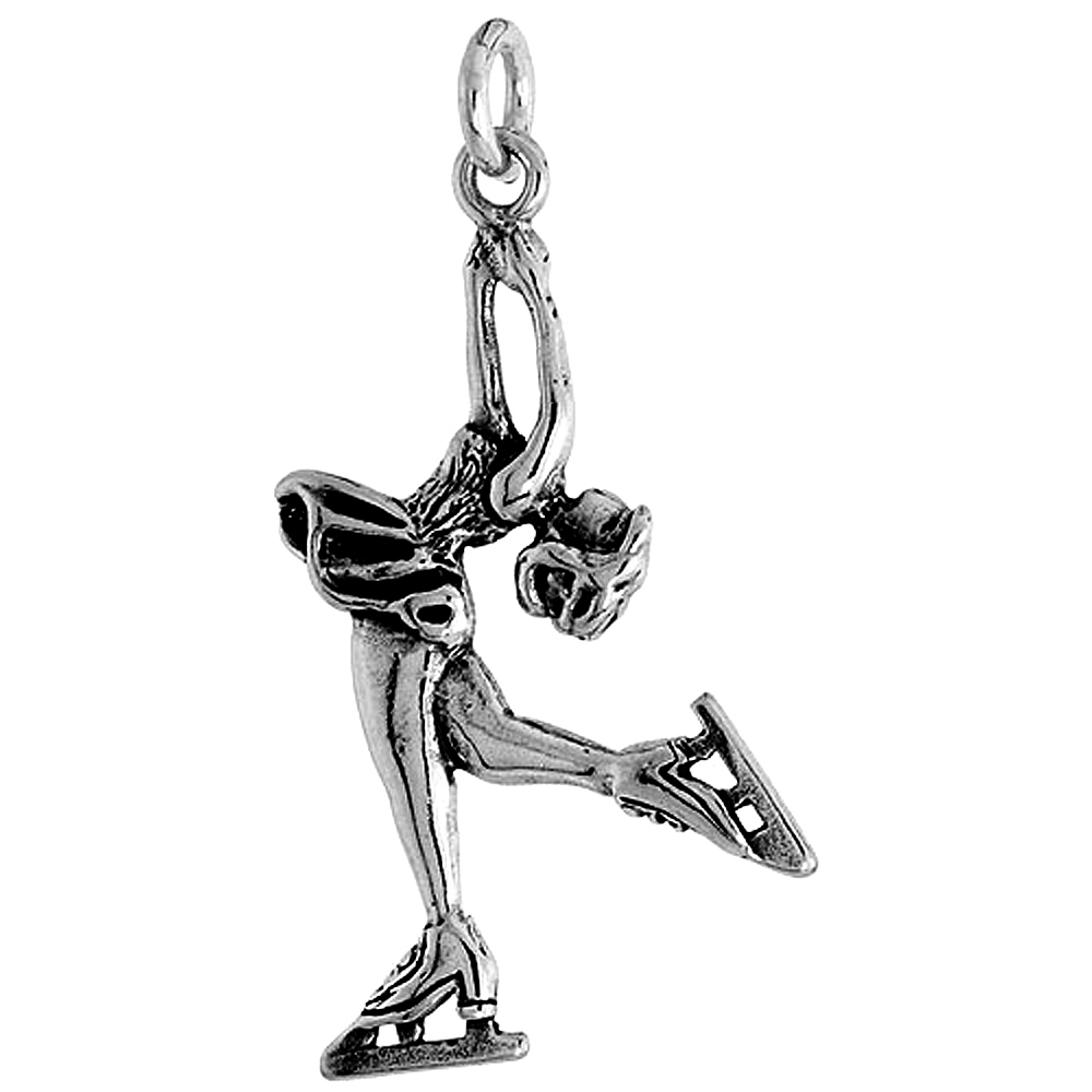 STERLING SILVER FEMALE FIGURE SKATER PENDANT FOR WOMEN OXIDIZED ANTIQUE FINISH 1 1/4 INCH TALL NO CHAIN