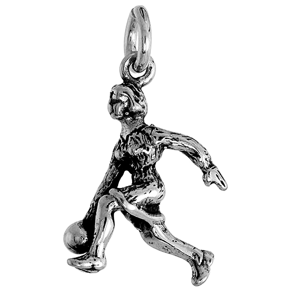 DAINTY STERLING SILVER FEMALE BOWLER PENDANT FOR WOMEN OXIDIZED ANTIQUE FINISH 5/8 INCH TALL NO CHAIN (NO CHAIN)