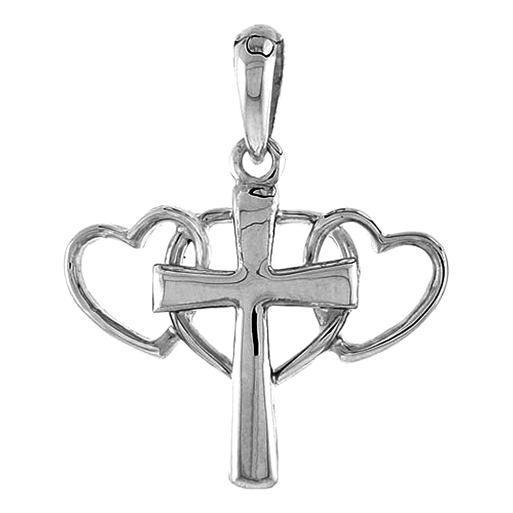 STERLING SILVER LARGE TRIPLE HEART CROSS PENDANT FOR WOMEN FLAWLESS POLISHED FINISH 7/8 INCH TALL NO CHAIN