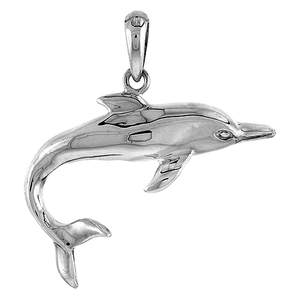STERLING SILVER BOTTLENOSE DOLPHIN PENDANT FOR WOMEN FLAWLESS POLISHED FINISH 1 1/16 INCH TALL NO CHAIN