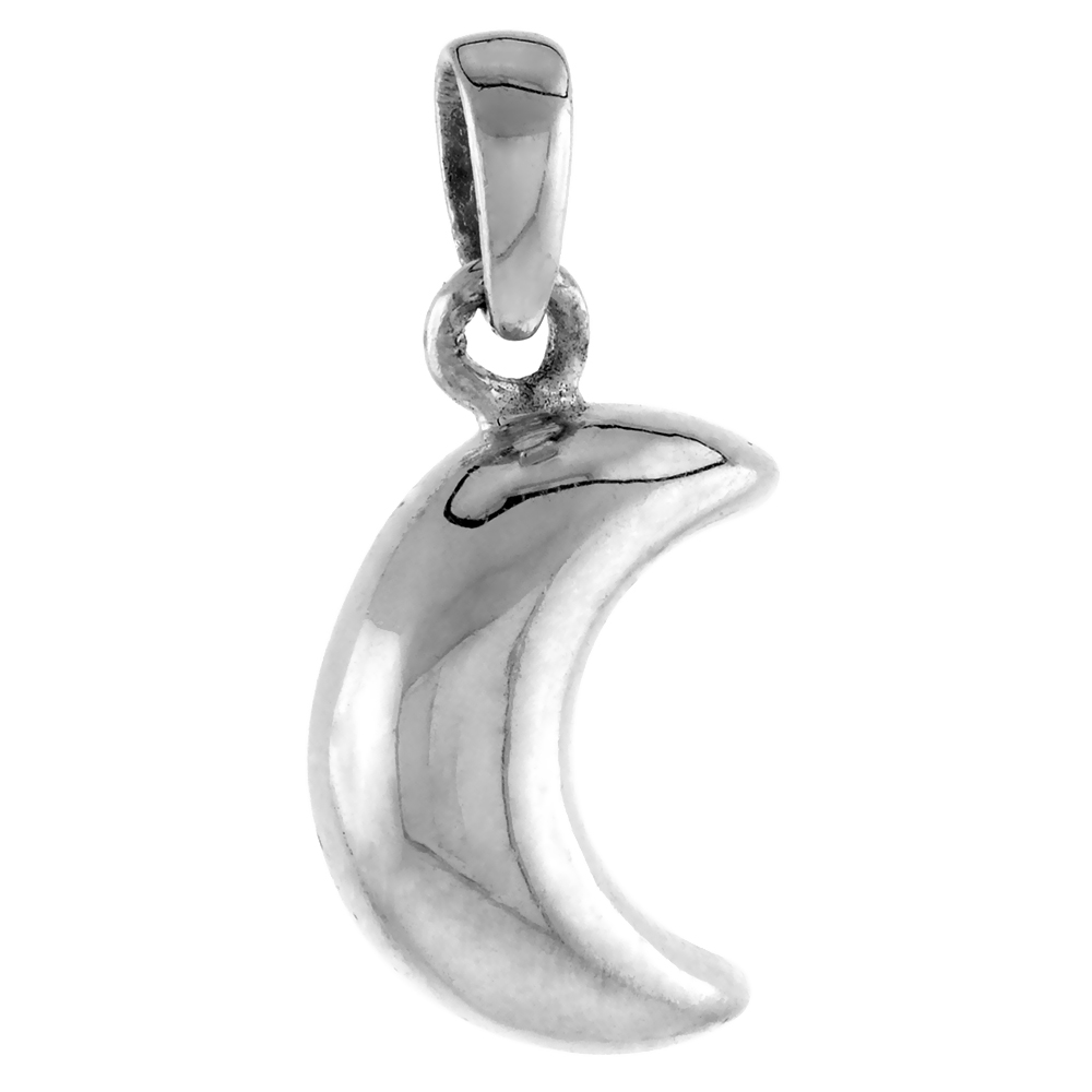 STERLING SILVER PUFFY CRESCENT MOON PENDANT FOR WOMEN OXIDIZED ANTIQUE FINISH 3/4 INCH TALL NO CHAIN