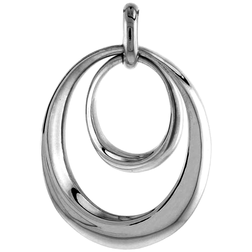 STERLING SILVER DOUBLE CIRCLE PENDANT FOR WOMEN FLAWLESS POLISHED FINISH 1 1/8 INCH TALL NO CHAIN