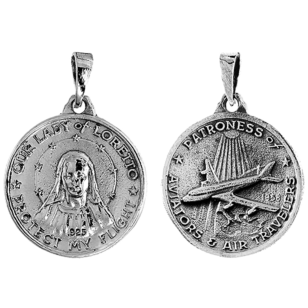 STERLING SILVER LADY OF LORETTO AVIATORS PROTECTOR MEDAL FOR MEN FLAWLESS POLISHED FINISH 1 INCH TALL NO CHAIN