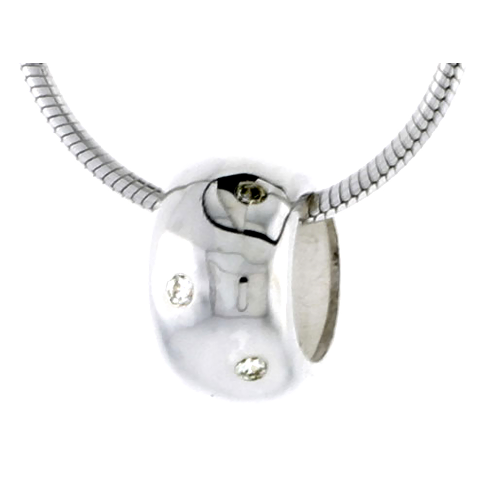 HIGH POLISHED STERLING SILVER 3/8" (10 MM) TALL ROUND PENDANT SLIDE, W/ BRILLIANT CUT CZ STONES, W/ 18" THIN BOX CHAIN