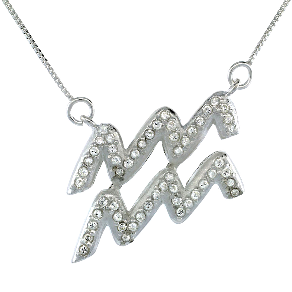 STERLING SILVER ZODIAC SIGN AQUARIUS PENDANT NECKLACE, " THE WATER CARRIER " ASTROLOGICAL SIGN ( JAN 20 - FEB 19 ), 1 1/8 IN. (29 MM) WIDE