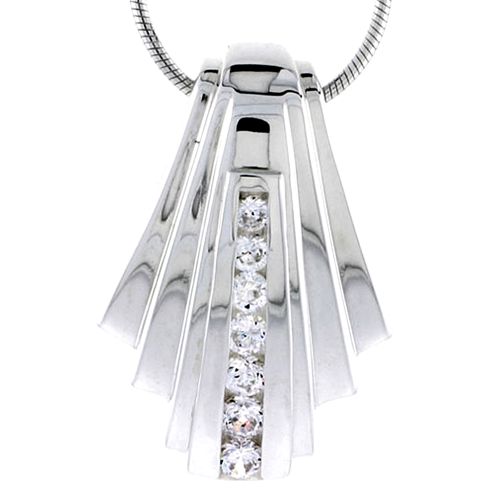 STERLING SILVER HIGH POLISHED FAN-SHAPED SLIDER PENDANT, W/ GRADUATED CZ STONES, 1 1/16" (27 MM) TALL, W/ 18" THIN SNAKE CHAIN