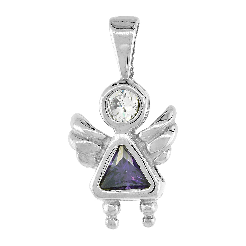 Sterling Silver Amethyst Cubic Zirconia February Birthstone Baby Angel Pendant NO Chain