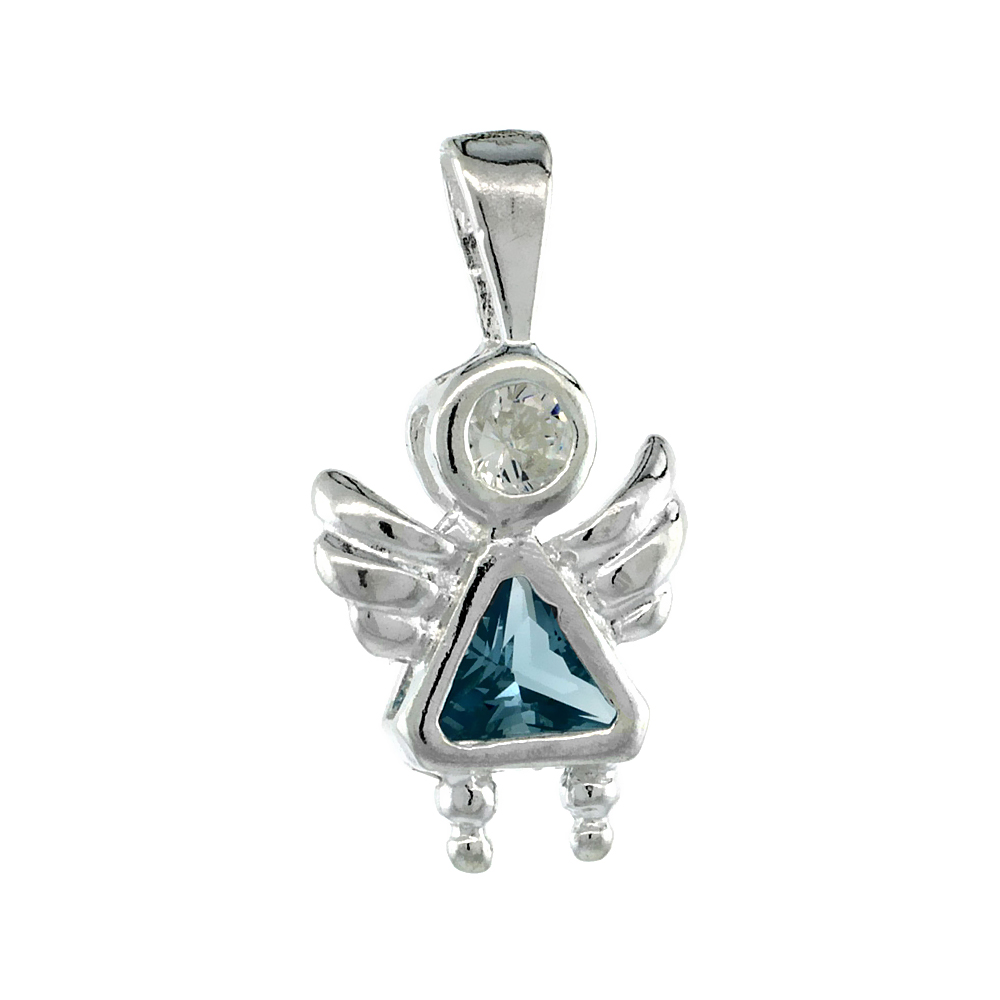 Sterling Silver Aquamarine Cubic Zirconia March Birthstone Baby Angel Necklace with 1.5 mm Bead Chain