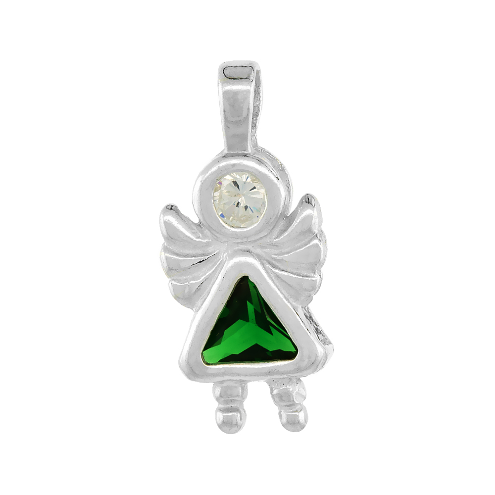 Sterling Silver Emerald Cubic Zirconia May Birthstone Baby Angel Necklace with 1.5 mm Bead Chain