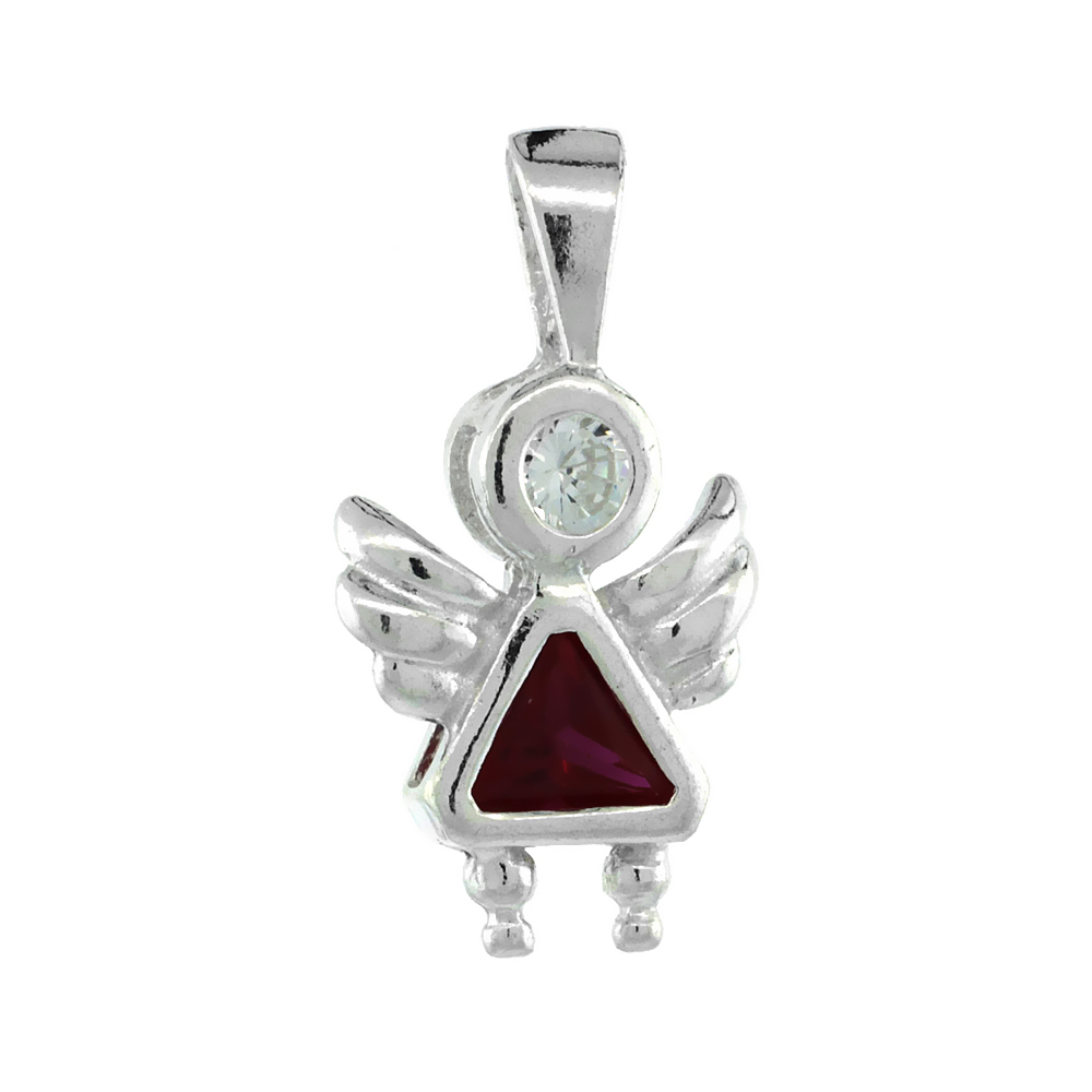 Sterling Silver Ruby Cubic Zirconia July Birthstone Baby Angel Necklace with 1.5 mm Bead Chain