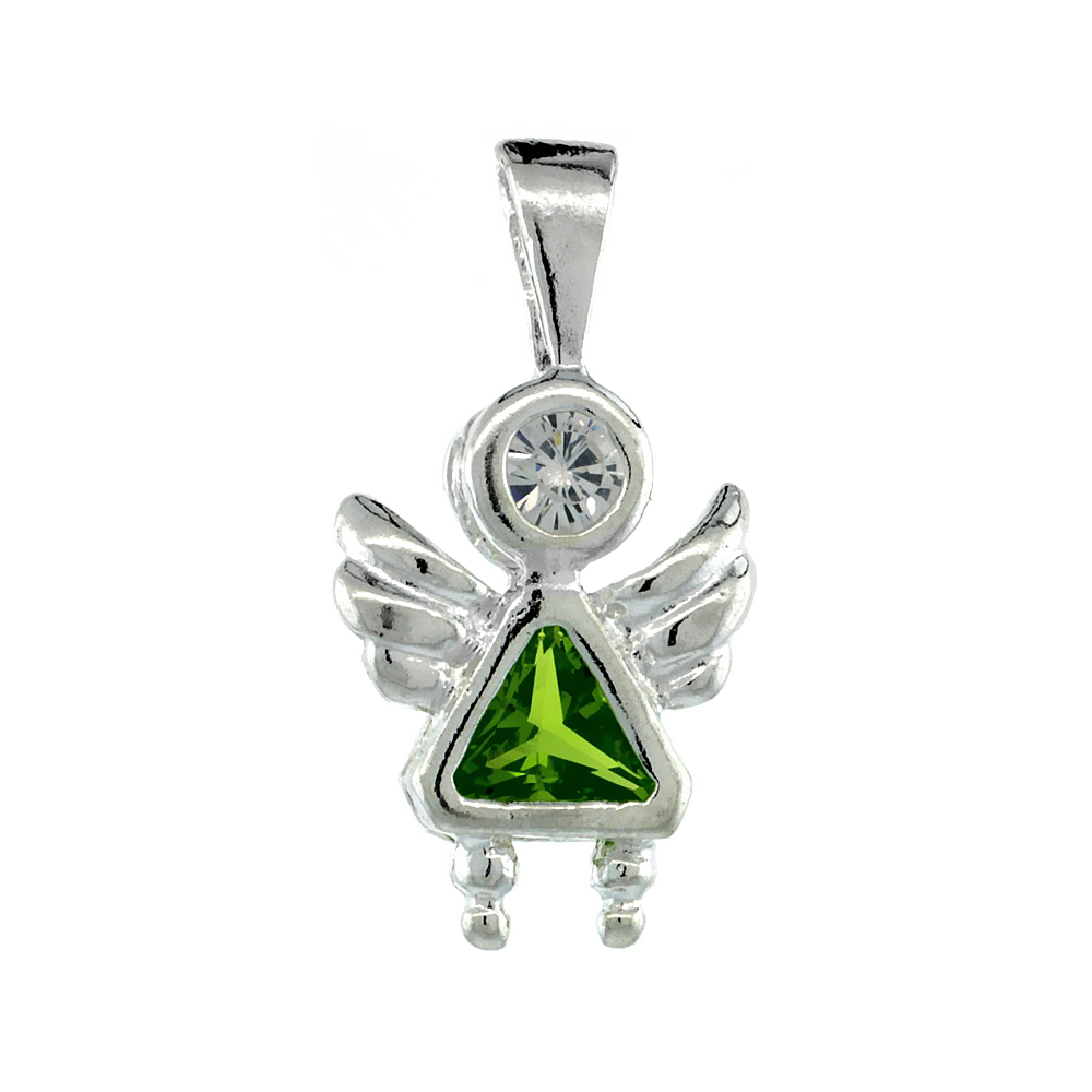 STERLING SILVER PERIDOT CUBIC ZIRCONIA AUGUST BIRTHSTONE ANGEL PENDANT NO CHAIN (NO CHAIN)