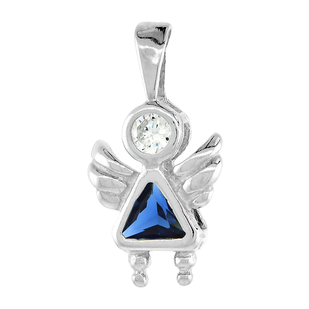 Sterling Silver Blue Sapphire Cubic Zirconia September Birthstone Baby Angel Necklace with 1.5 mm Bead Chain