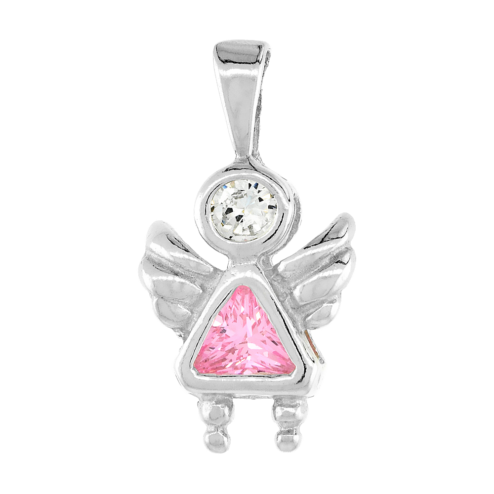 STERLING SILVER PINK TOURMALINE CUBIC ZIRCONIA OCTOBER BIRTHSTONE ANGEL PENDANT NO CHAIN (NO CHAIN)