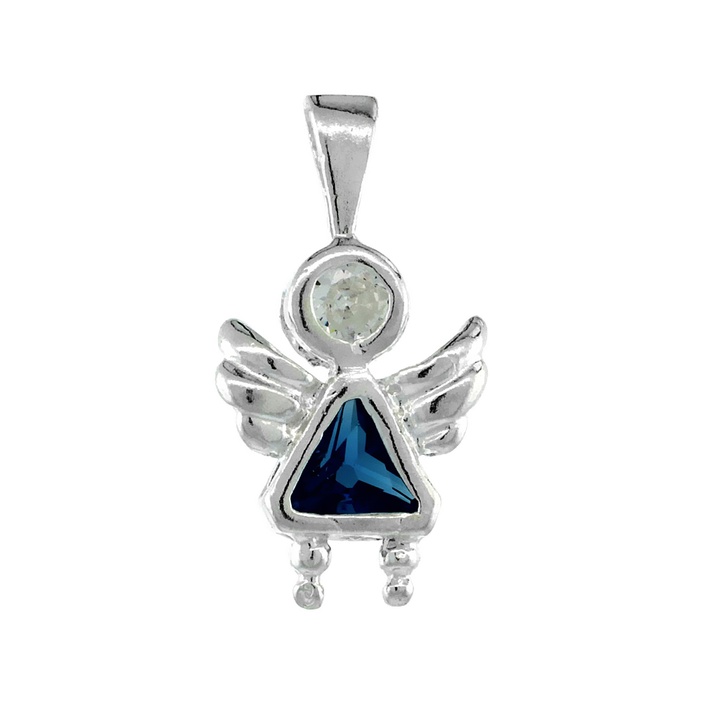 STERLING SILVER BLUE TOPAZ CUBIC ZIRCONIA DECEMBER BIRTHSTONE ANGEL PENDANT NO CHAIN (NO CHAIN)