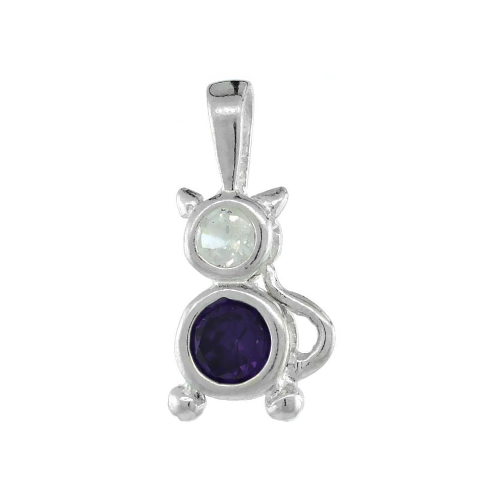 Sterling Silver Amethyst Cubic Zirconia February Birthstone Cat Pendant NO Chain