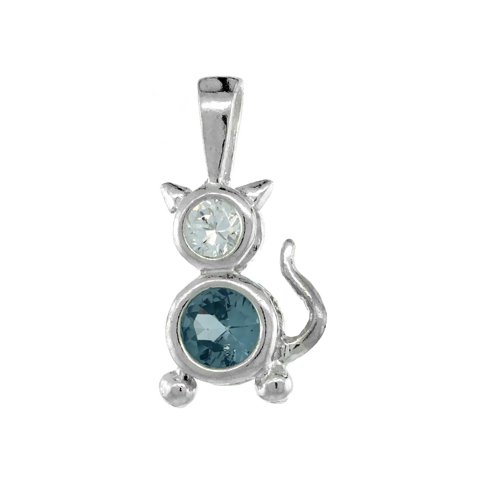 Sterling Silver Aquamarine Cubic Zirconia March Birthstone Cat Pendant NO Chain