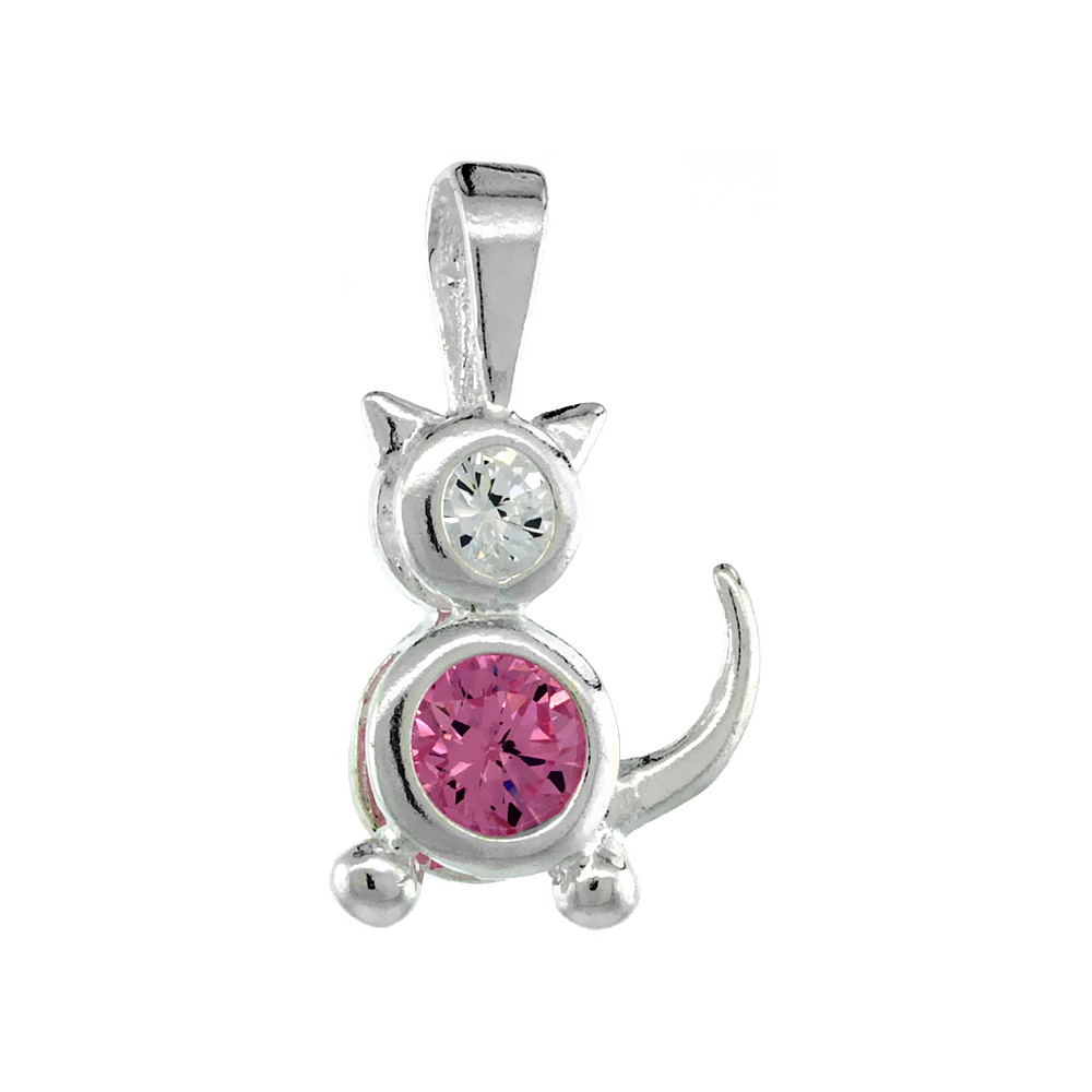 STERLING SILVER PINK TOURMALINE CUBIC ZIRCONIA OCTOBER BIRTHSTONE CAT PENDANT NO CHAIN