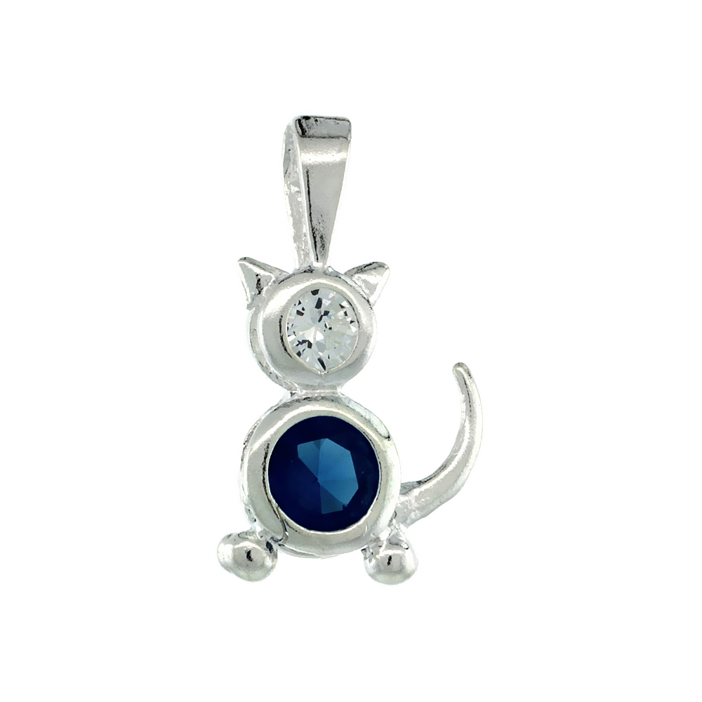 Sterling Silver Blue Topaz Cubic Zirconia December Birthstone Cat Pendant NO Chain