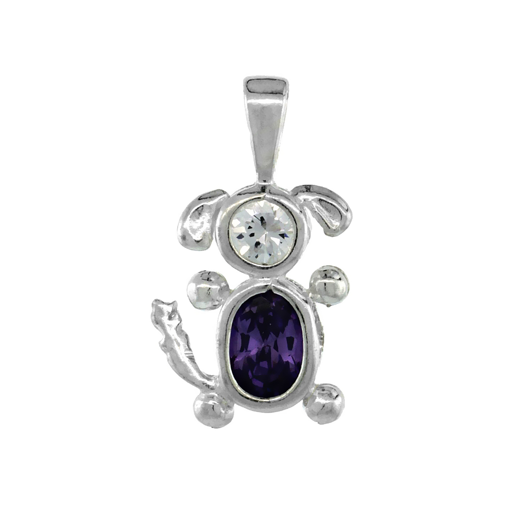 Sterling Silver Amethyst Cubic Zirconia February Birthstone Dog Pendant NO Chain