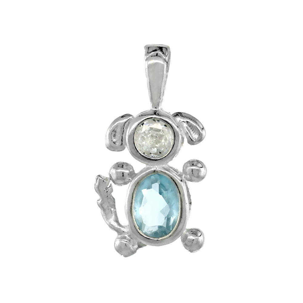 Sterling Silver Aquamarine Cubic Zirconia March Birthstone Dog Pendant NO Chain