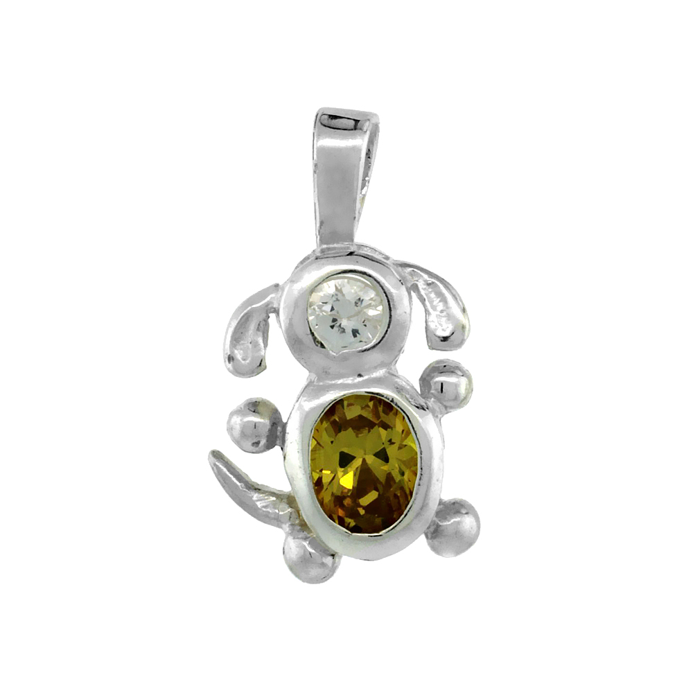 STERLING SILVER CITRINE CUBIC ZIRCONIA NOVEMBER BIRTHSTONE DOG NECKLACE WITH 1.5 MM BEAD CHAIN