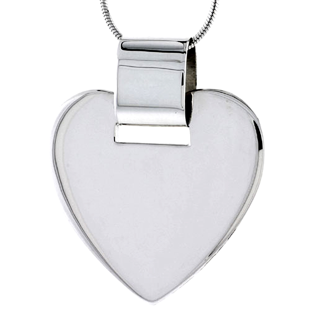 STERLING SILVER HIGH POLISHED HEART PENDANT, 1 1/8" (29 MM) TALL, W/ 18" THIN SNAKE CHAIN