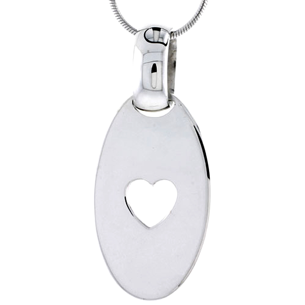 STERLING SILVER HIGH POLISHED OVAL PENDANT, W/ HEART CUT OUT, 1 1/4" (32 MM) TALL, W/ 18" THIN SNAKE CHAIN