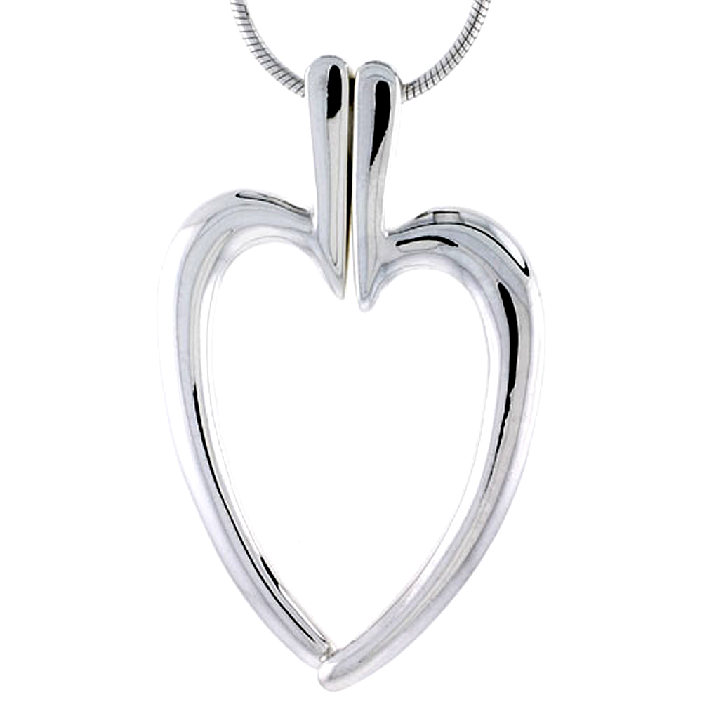STERLING SILVER HIGH POLISHED SPLIT HEART PENDANT, 1 1/8" (29 MM) TALL, W/ 18" THIN SNAKE CHAIN
