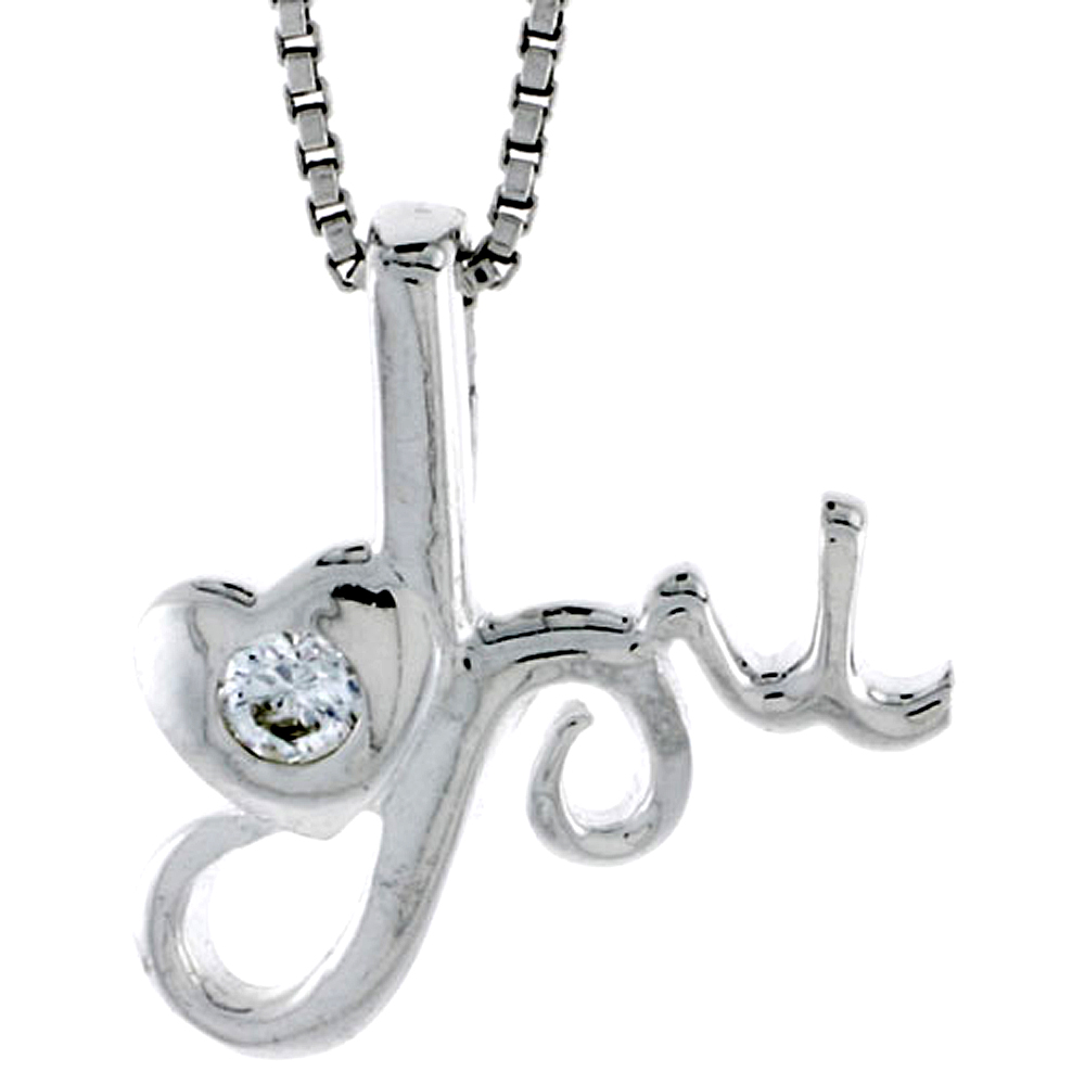 HIGH POLISHED STERLING SILVER 3/4" (19 MM) TALL "I LOVE YOU" HEART PENDANT, W/ 3MM BRILLIANT CUT CZ STONE, W/ 18" THIN BOX CHAIN