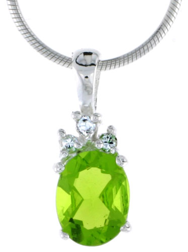 HIGH POLISHED STERLING SILVER 3/4" (19 MM) TALL OVAL-SHAPED PENDANT, W/ 9X7MM BLUE TOPAZ-COLORED CZ STONE, W/ 18" THIN BOX CHAIN